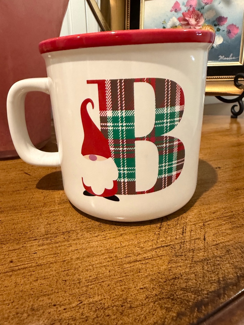 Holiday Plaid 'B' Gnome Ceramic Mug - Red Trim